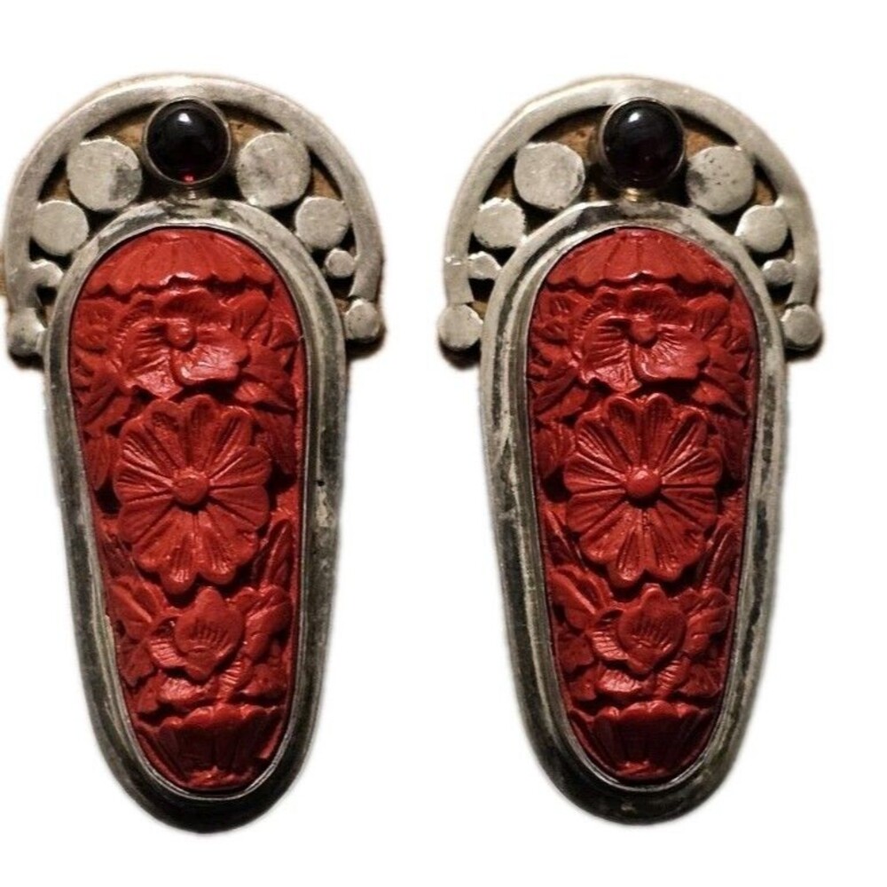 Vintage Sajen Designer Sterling Silver Carved Cinnabar Garnet Clip On Earrings
